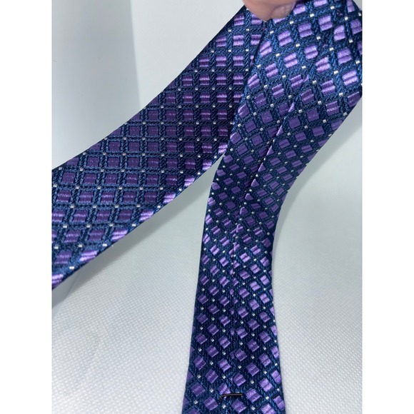 Michael Kors Mens Purple Navy Blue Geometric Square Silk Necktie Accessory - Picture 7 of 7